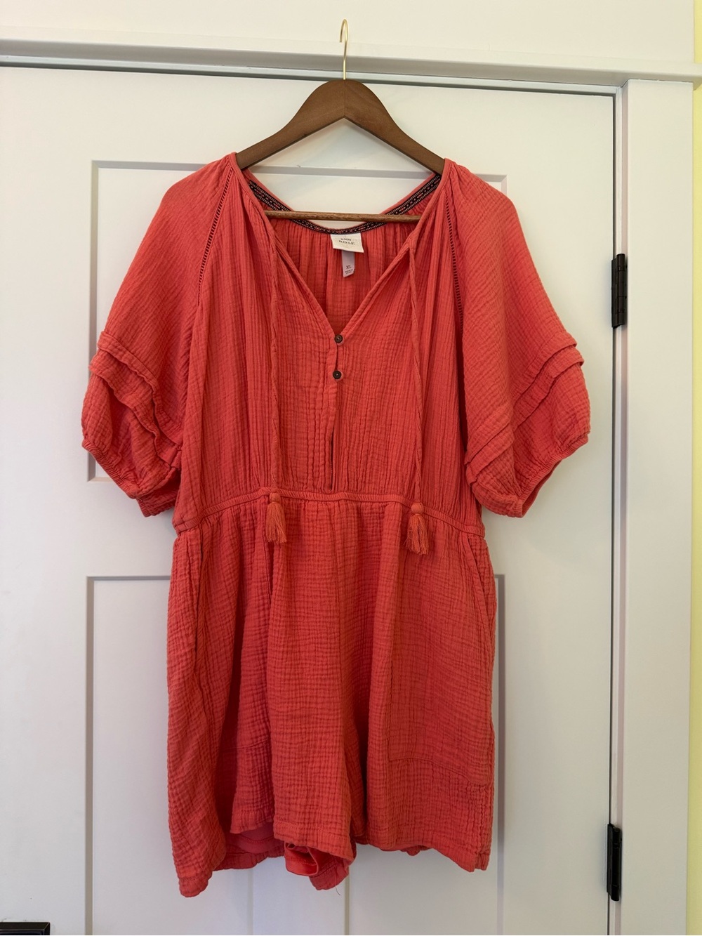 Knox Rose Boho Coral Orange Gauze Puff Sleeve Romper XL
